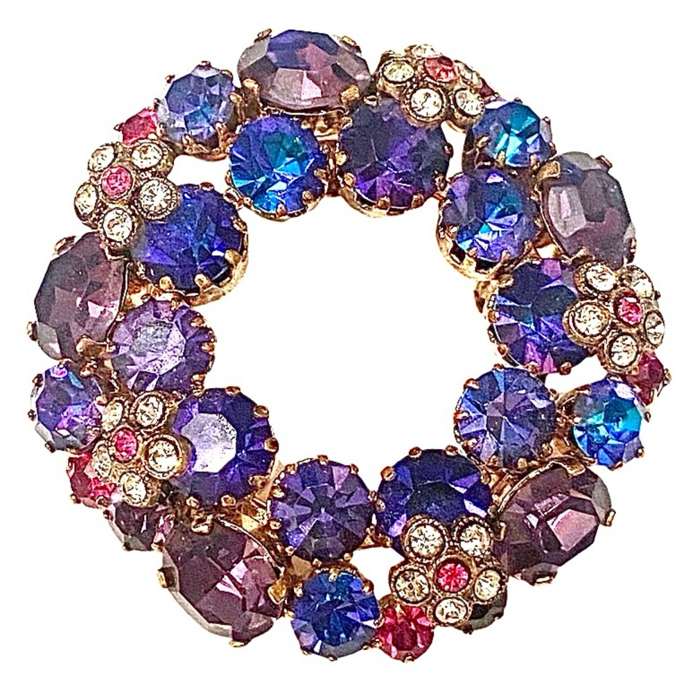 Vintage AUSTRIA 1950s Rhinestone Brooch Blue Purple